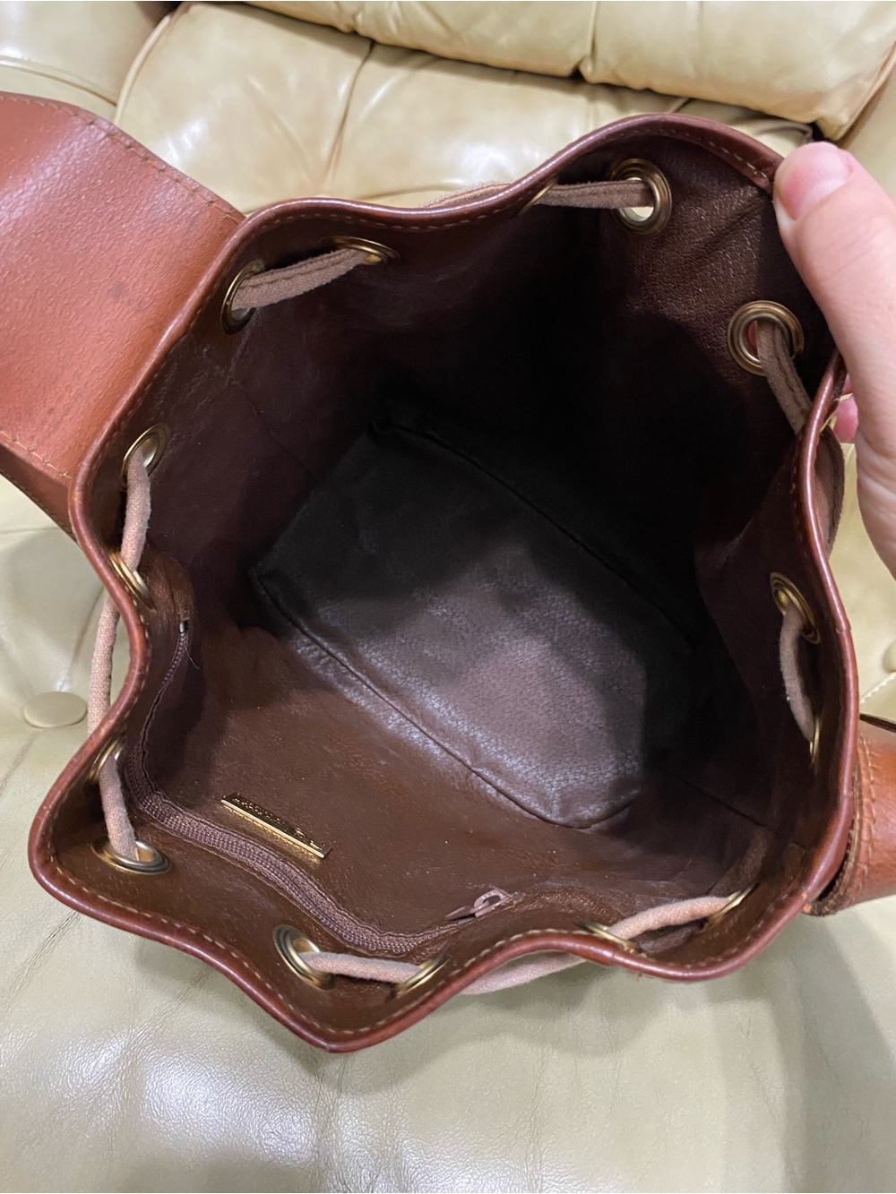 Vintage Burberry Sling Bag Drawstring Olive Haymarket Check Canvas Leather - Picture 14 of 16